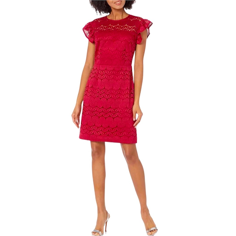 Trina Turk Mai-Tai Ruffle-Sleeve Lace Sheath Dress, Cranberry Size 4